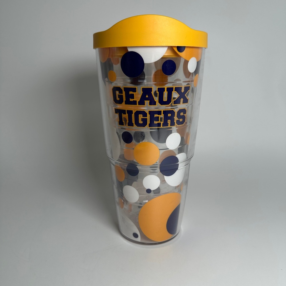 Tervis Tumbler LSU Geaux Tigers 24oz Yellow Purple Polka Dot Insulated Cup Lid